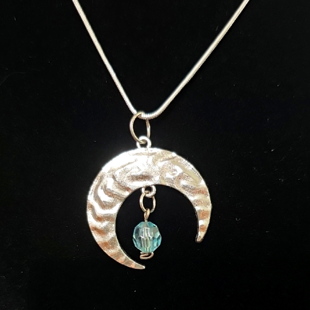 Handmade Rare & Elegant Silver Crescent Necklace with Blue Accent